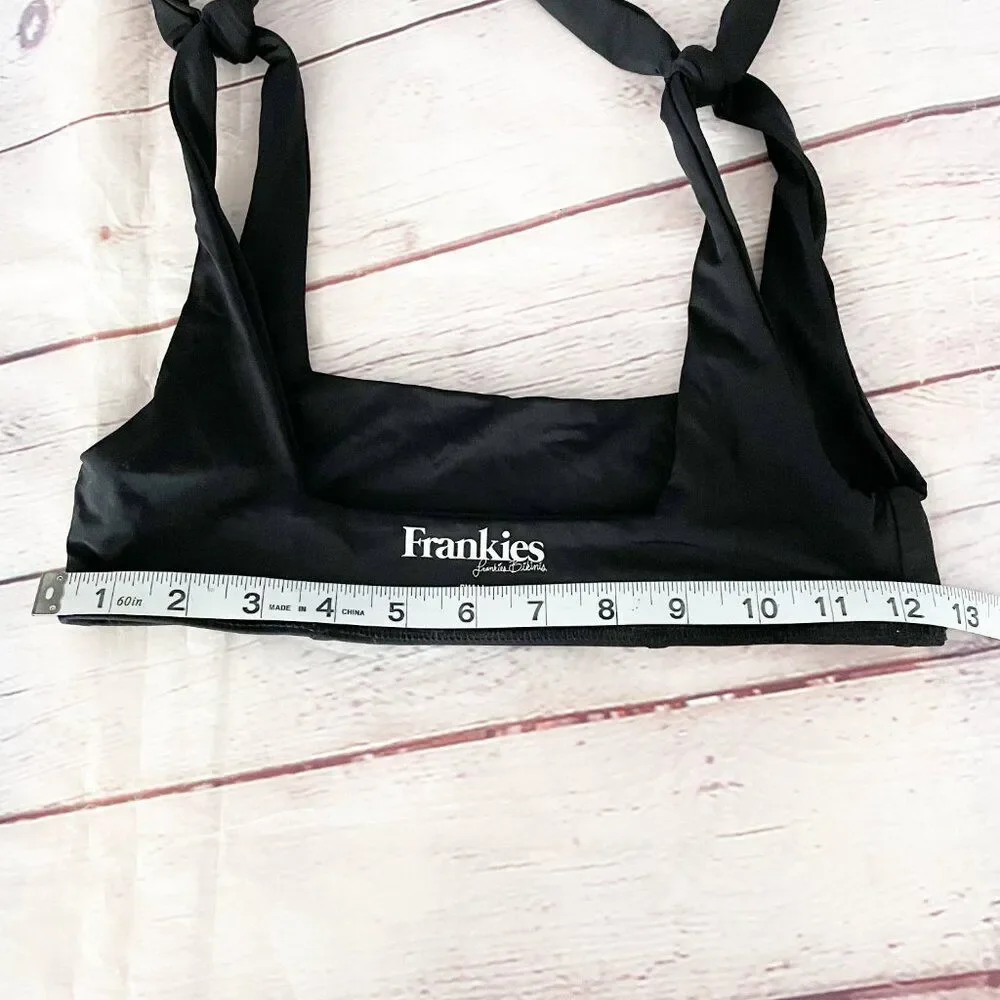 Frankie's Bikinis Black Square Neck Shoulder Tie Knot Strap Bikini Top Small